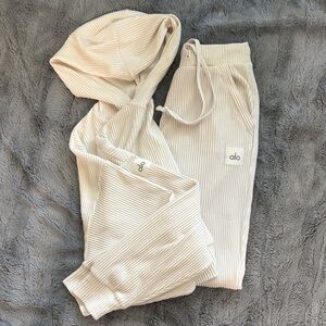 ALO Yoga Cream Ribbed Pants & Hoodie Set
